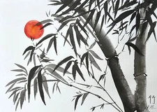 Original paintings A4 Bamboo Sun oriental japanese chinese brush painting sumi-e