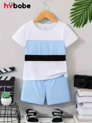 2-teiliges Jungen Freizeit Color Clash Kurzarm T-Shirt & einfarbige Shorts Set, 7-8
