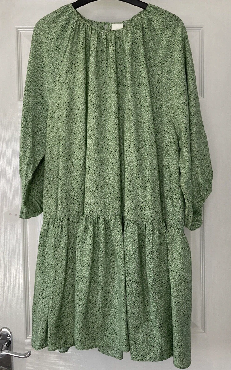 H M Size M Green Long Sleeve Drop Waist Dress L115