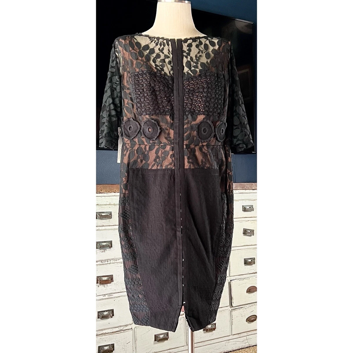 knee length dresses for ladies Black Combo Sleeveless Lace Dress  Anna Sui
