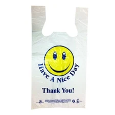 Primepak Smiley Face Plastic Grocery Tote Bag White, 1/6 BBL | 500/Case