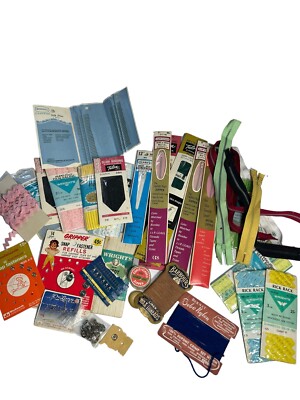 VTG Sewing Notions Lot Advertising Zippers Thread Snaps Pins Binding Piping