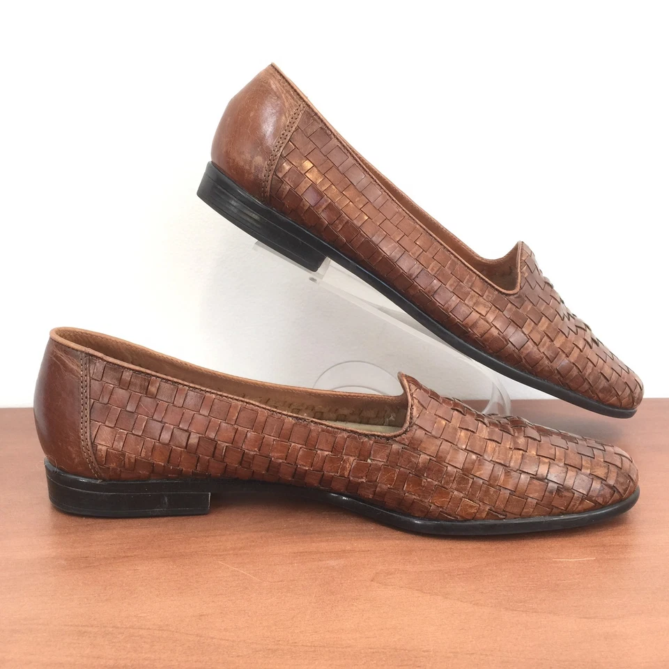 Trotters Distressed Brown Woven Leather Flats Cushioned Flex Sole Womens 9S Slim - Image 2 of 4