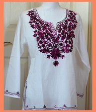 Wine Color Embroidered Flowers White Color Cotton Tunic Top Kurti from India L