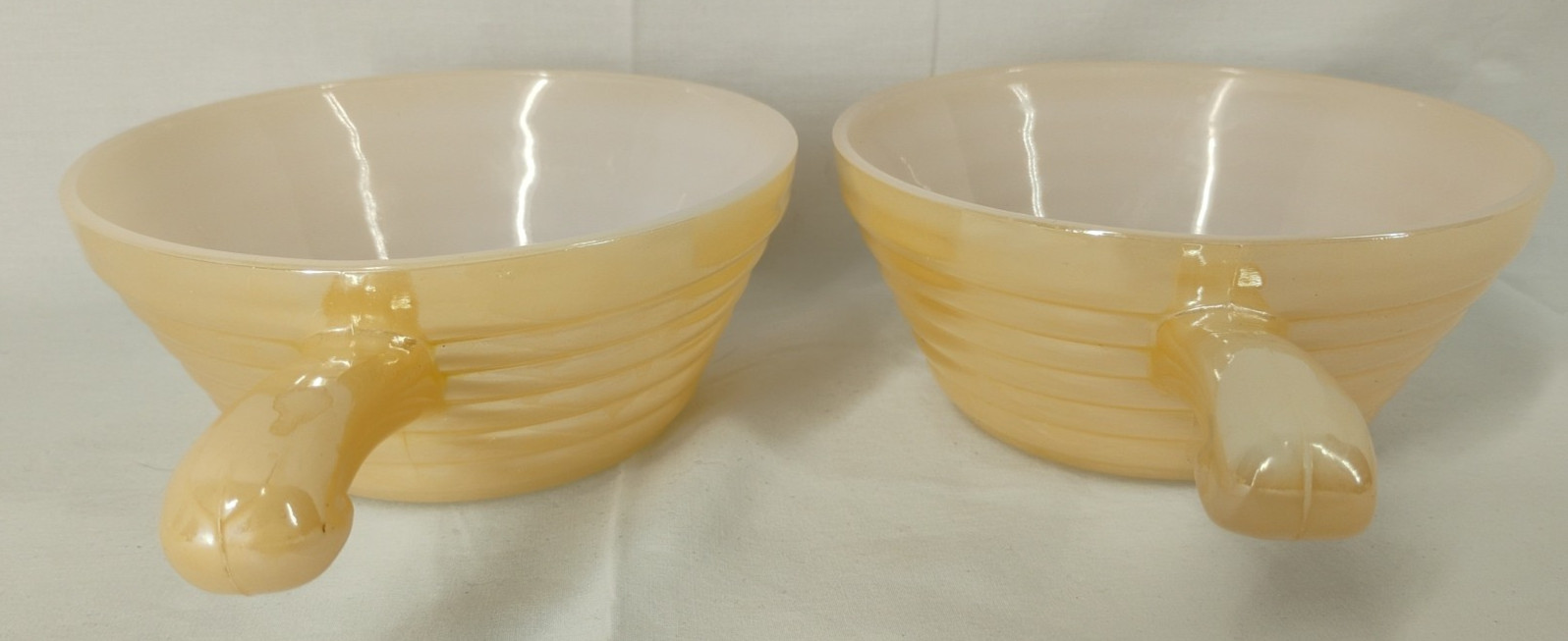 4 Fire King Peach Luster Bee Hive Ovenware Soup Bowls w/ Handles Iridescent 