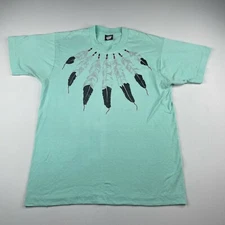 Vintage Mens Large Blue Screen Stars Tee 50/50 Single Stitch Feathers USA Made