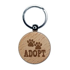 Adopt Cat Dog Paw Print Engraved Wood Round Keychain Tag Charm