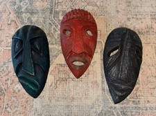 Vtg Set Of 3 Handmade Tribal Mask Hand Carved Solid Wood Tiki Polynesian Decor