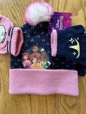 Disney Princess Girls Pink 3 Piece Beanie Hat Flip-Top Glove, Glove Set Blue NWT