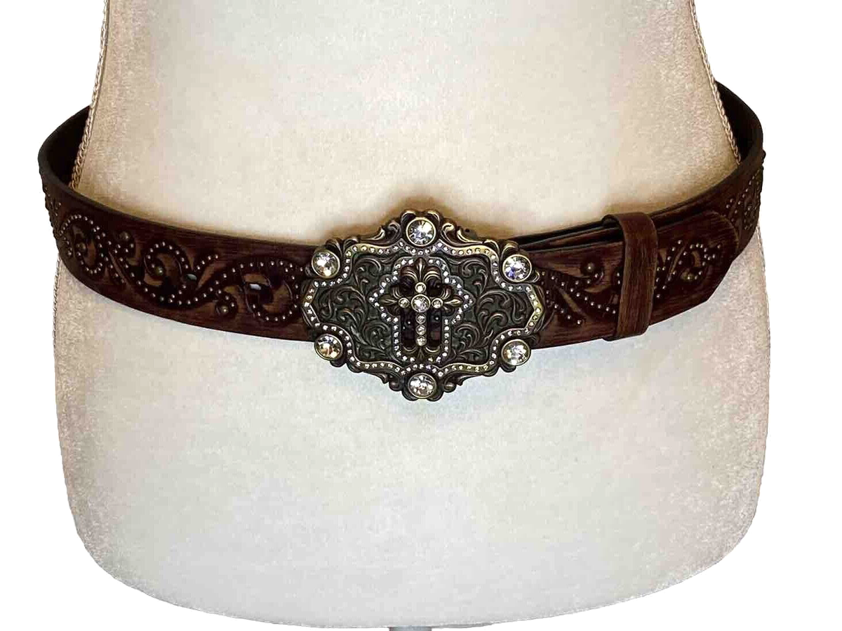 Tony Lama Studded Tooled Brown Leather Belt Buckle Rhinestone Cross Womens 32 TONY LAMA Womens 32 main image 2