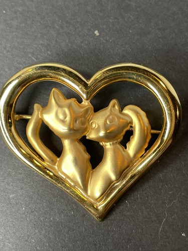Spilla gatto Danecraft tono oro satinato cuore gatti gattini amici anni 80 - Foto 5 di 6