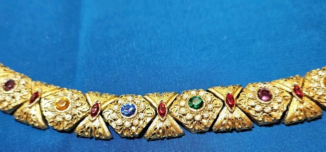 Unsigned Multi-Colored-Stone Link Gold Tone Brace… - image 1