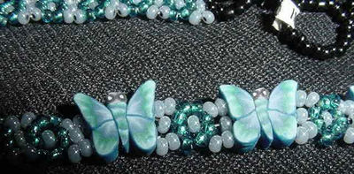 HAND BEADED FIMO BUTTERFLY CHOKER NECKLACE blue beads - Main Image