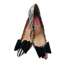 Betsey Johnson Bret Pumps 5.5 Black White Striped Pink Roses Bow Stiletto Heels