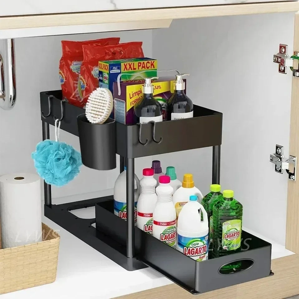 Under Sink Organizer 2-Tier Kitchen Storage Rack with Sliding Cabinet Drawer - Image 2 of 4