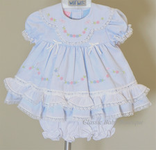 NWT Will'beth Blue Heirloom Lace Ruffle 2pc Dress 3 Months Bloomers Girls 3M