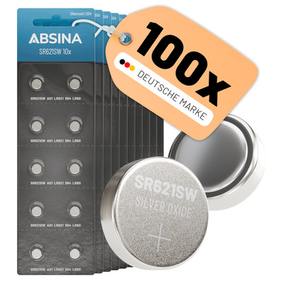 ABSINA SR621SW Uhrenbatterie 1,55V Silberoxid 10x 10er Pack - Knopfzelle SR621SW