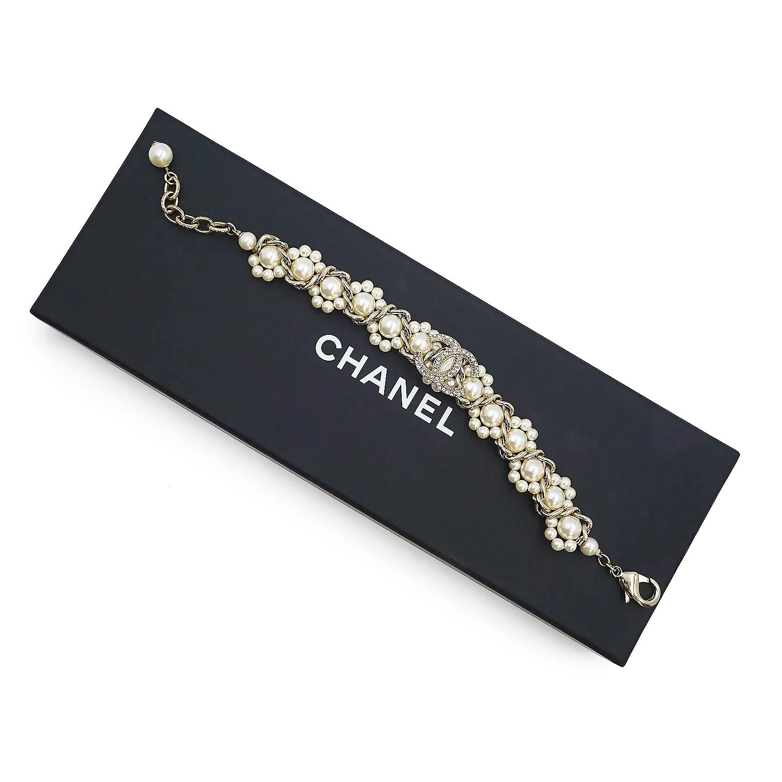 AUTH CHANEL COCO MARK BRACELET A97490 RHINESTONE GOLD WHITE WOMEN'S F/S