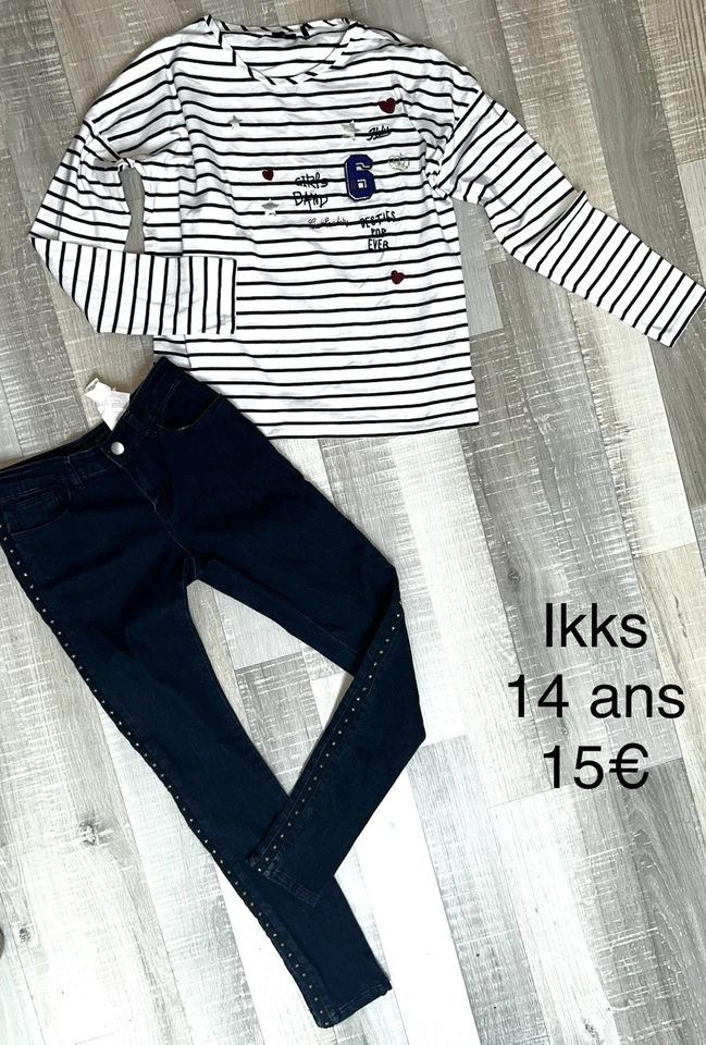 Ikks 14 Ans Fille : T Shirt Rayé Et Jean À Clous En Tbe - Photo 1/1