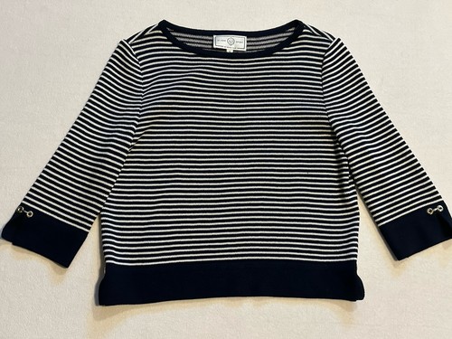 ST JOHN Sport Womens sz. M Navy Nautical Stripe Boatneck Pullover Boxy Sweater