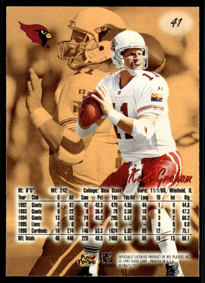 1997 Ultra Kent Graham Arizona Cardinals #41 18869 - Image 2 of 2