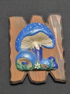 Vintage 1970's Ceramic Mushroom 3D Hanging Wall Art wooden Plaque MCM Retro blue