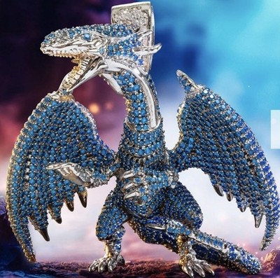 Yugioh Blue Eyes White Dragon Chain Diamond Pendant 360Degree 3D Yugioh Necklace