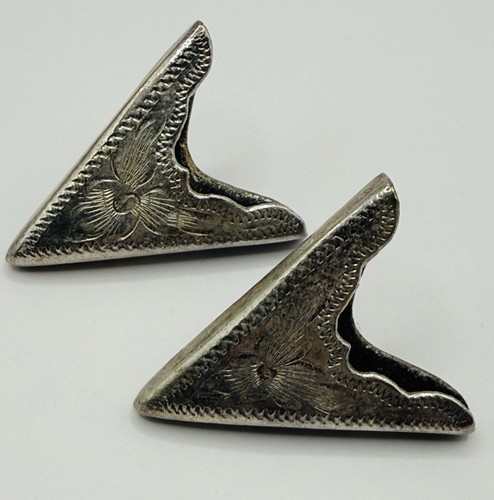 Vintage Mexico Silver Engraved Western Shirt Collar Tips