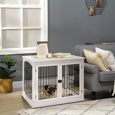 Dog Crate Side Table with Doors, Window, Puppy Cage for Small Dog, White