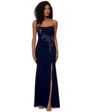 Betsy  Adam Navy Blue Beaded Floral Strapless Scuba Crepe Gown Size 8 309