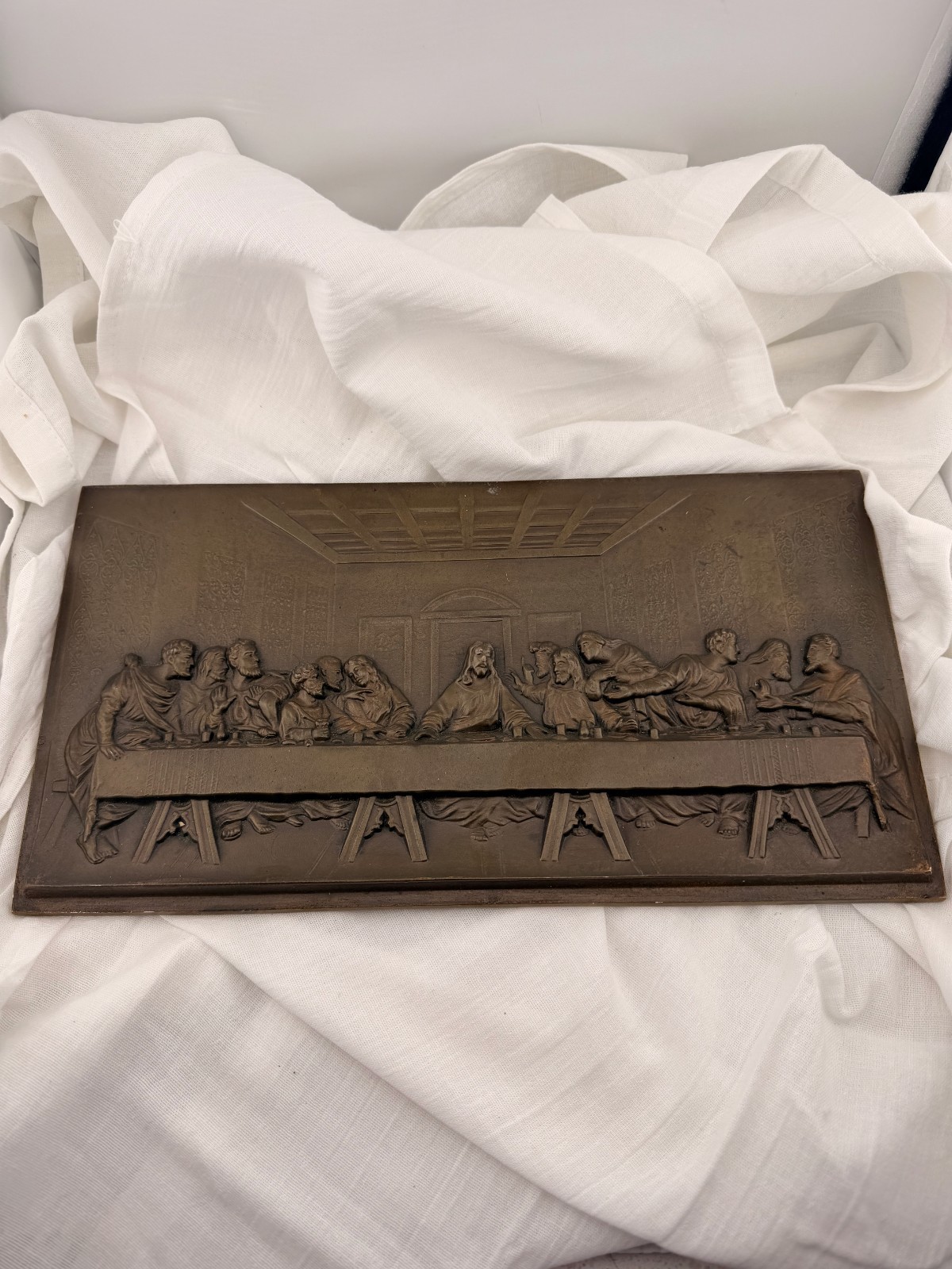 Vintage Bronze Last Supper Wall Plaque Relief Jesus Apostles Religious Metal Art