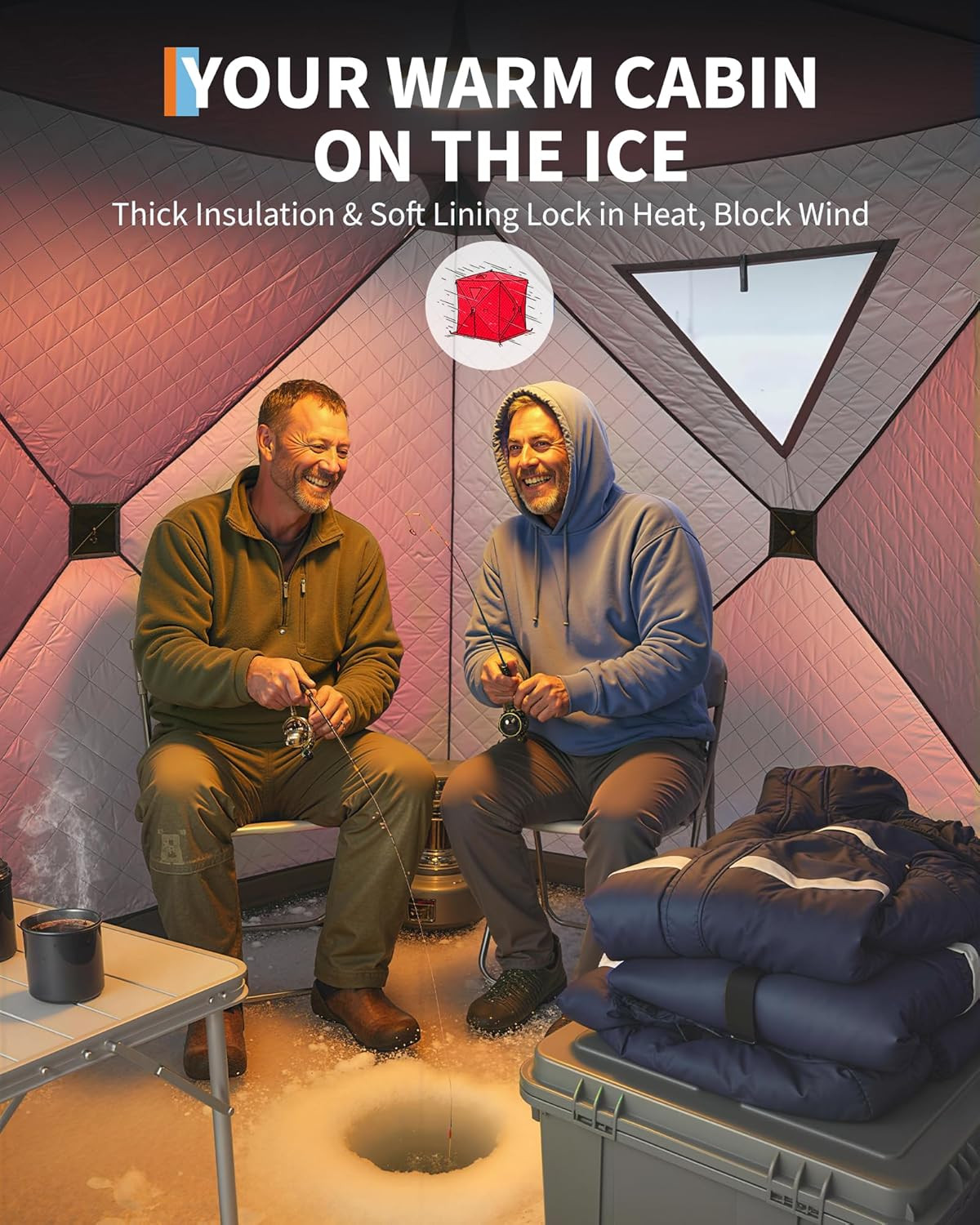 Insulated Pop-Up Ice Fishing Tent, 6-8 Person Portable Hub-Style Tent, Windproof