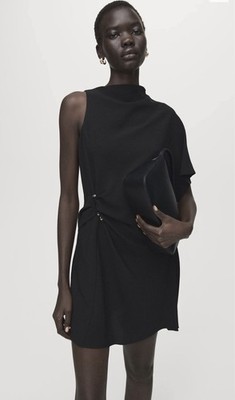 Ruched One Shoulder Short Shift Dress Mock Neck Sleeveless Solid Black NEW
