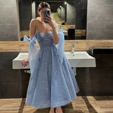 Stylish Sequin Prom Dresses A-line Bow Strap Tea Length Birthday Party Gown