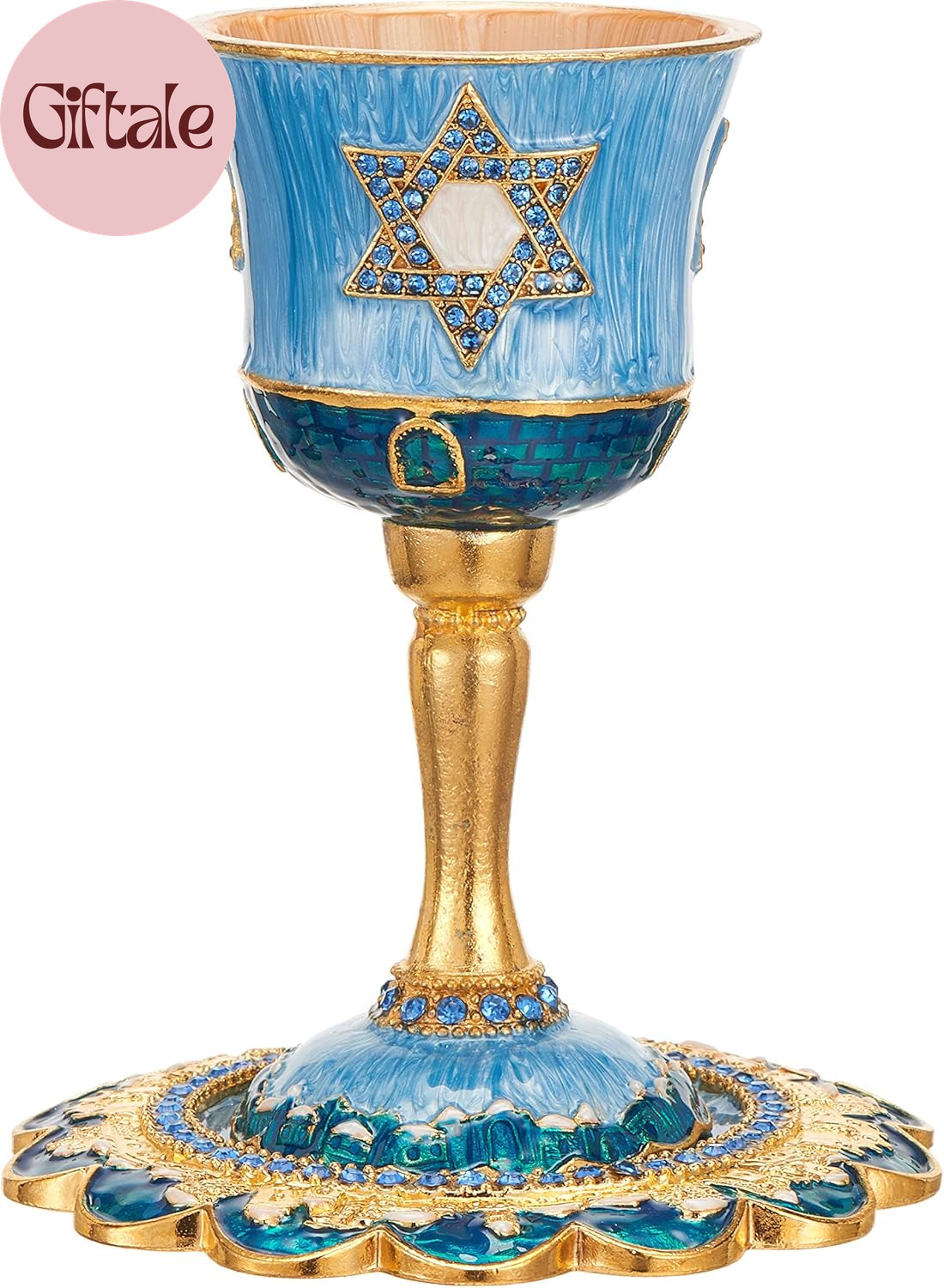 Hand-Painted Enamel Tall 5" Kiddush Cup Set W/Stem & Tray Embellished W/Crystals