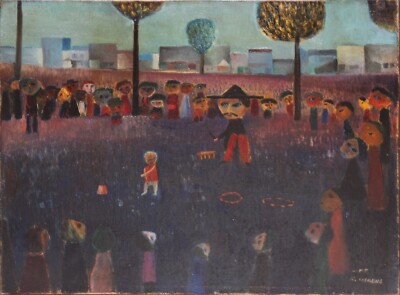 KENZO HANAWA-Japanese Modernist-Original Signed Oil-Village Crowd Scene-c. 1940