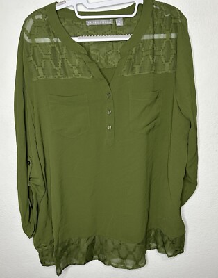 Valerie Stevens Cypress Green Long Sleeve Blouse Shirt Size XL