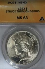 1923 $1 Struck Through Debris MS 63  ANACS,  Peace Dollar 1900's Silver Dollar