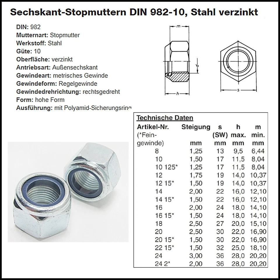 Feingewinde, M 12 x 1,5 (10.9) Hohe Form Stopmutter verzinkt, , DIN 982-10 - Bild 2 von 2