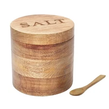 Salt Box with Wooden Spoon| Round Salt Container| Bowl Pot Mango Wood for Dinnin