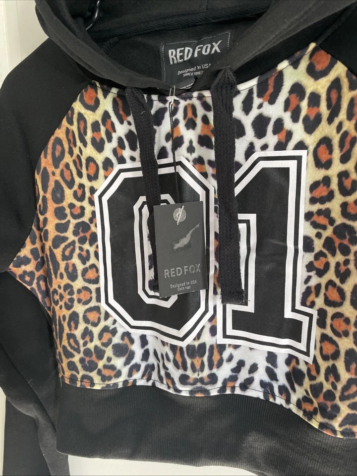 Sudadera corta con capucha roja negra 01 estampado de leopardo para mujer talla M’s Foto 2 de 4