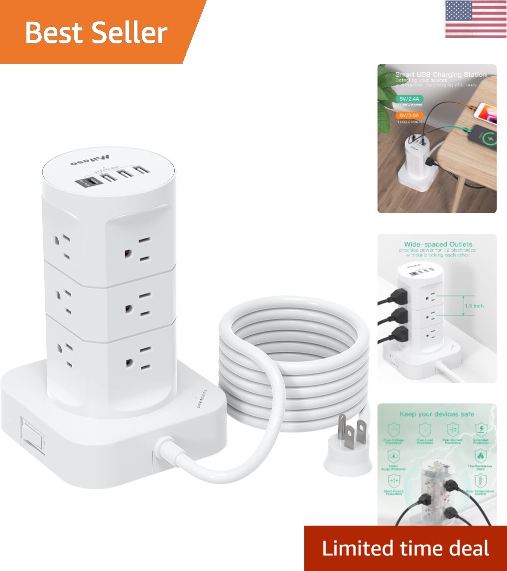 Surge Protector Power Strip Tower - 12 Widely Outlets with 4 USB Ports 1 USB ...-image