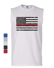 American Flag Thin Red Line Muscle Shirt Firefighter First Responder Sleeveless