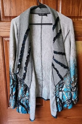 Dor Dor Couture Open Cardigan Sweater Trees Sz S Gray Blue Artsy