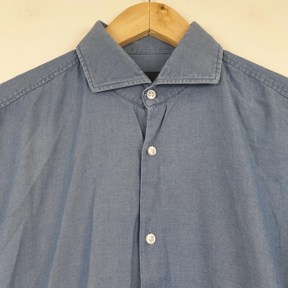 Hugo Boss Albiate Shirt Mens 15.5 Blue Slim Fit Spread Collar Button Up Cotton - Image 2 of 4