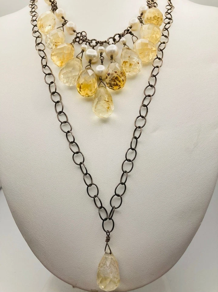 Collar de perlas de agua dulce citrino facetado natural plata esterlina vintage 15" Foto 3 de 4