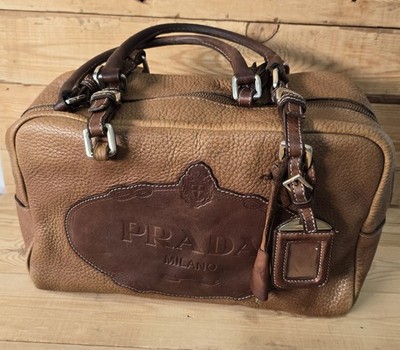 Prada Vintage Vitello Daino Bauletto Beige Brown Leather Mini