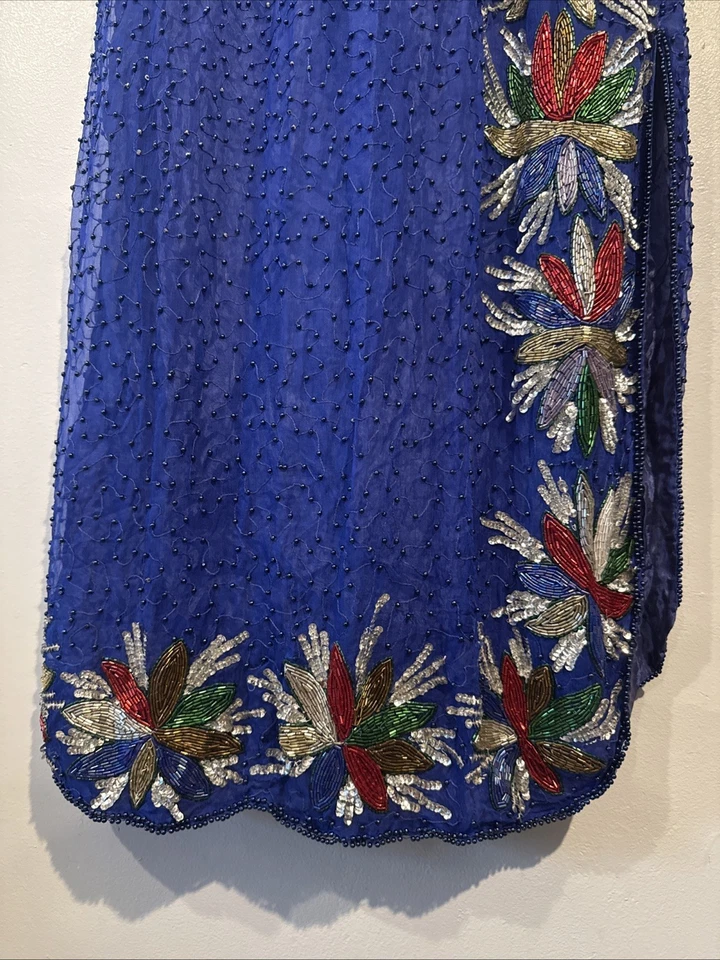 Vestido Largo Vintage Años 80 Azul Real Seda Cuentas Lentejuelas Mediano ¡Impresionante!! Foto 2 de 4