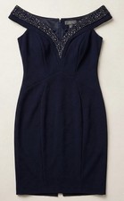 Vince Camuto Blue Off The Shoulder Sheath Dress Crystal Embellished V-Neck
