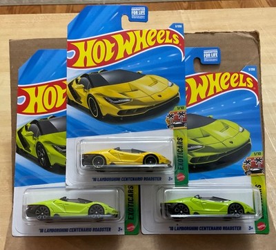 Hot Wheels ( 3 car set )  16 Lamborghini Centenario Roadster1 Yellow and 2 Green